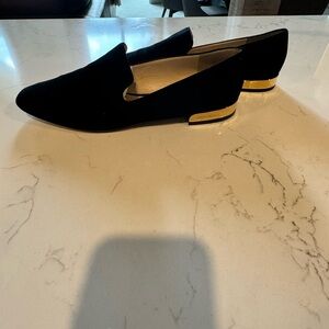 Jimmy Choo, black suede square toad loafer in size 39